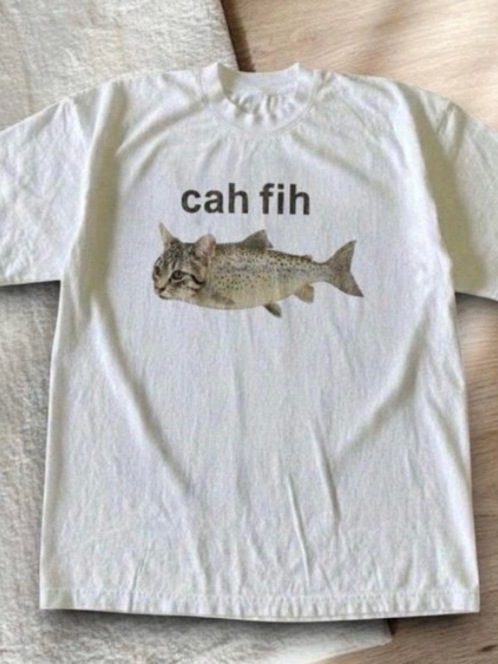 Gildan White Cat-Fish Graphic Tee - 'cah fih' Text